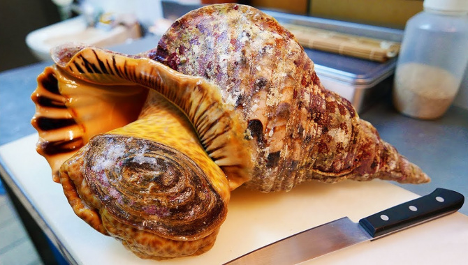 Уличная еда в Японии - Гигантский Съедобный Моллюск Трубач (Видео)